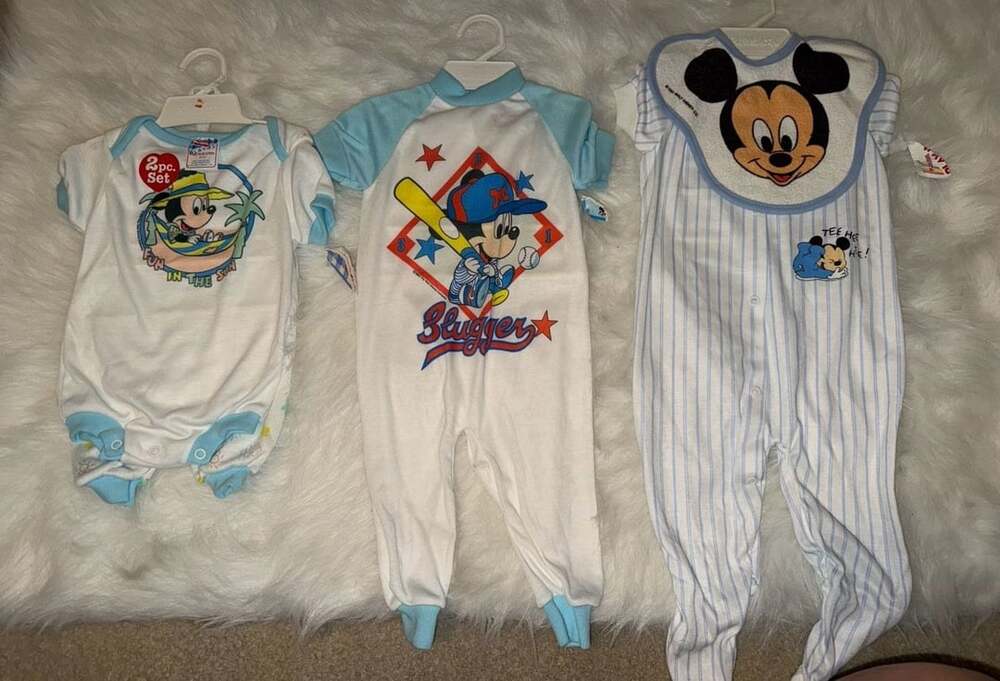 Vintage 1984 Disney Playskool Mickey Mouse Baby Romper and Bib Set Lot of 3